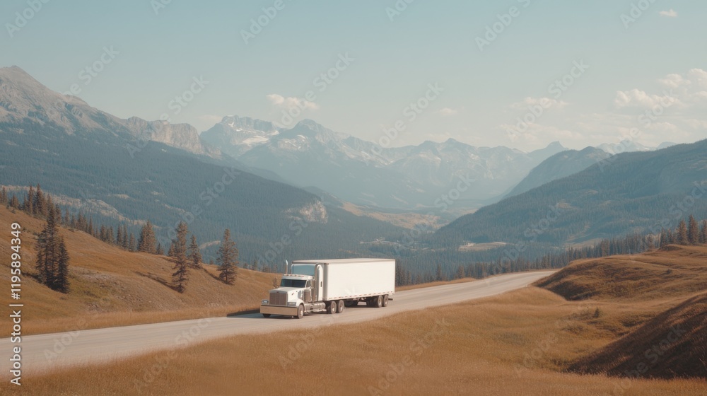A semi-truck navigates a scenic mountain road, surrounded by stunning peaks and vast landscapes under a clear sky. A semi-truck navigates a scenic mountain road, surrounded by stunning peaks and vast landscapes under a clear sky.