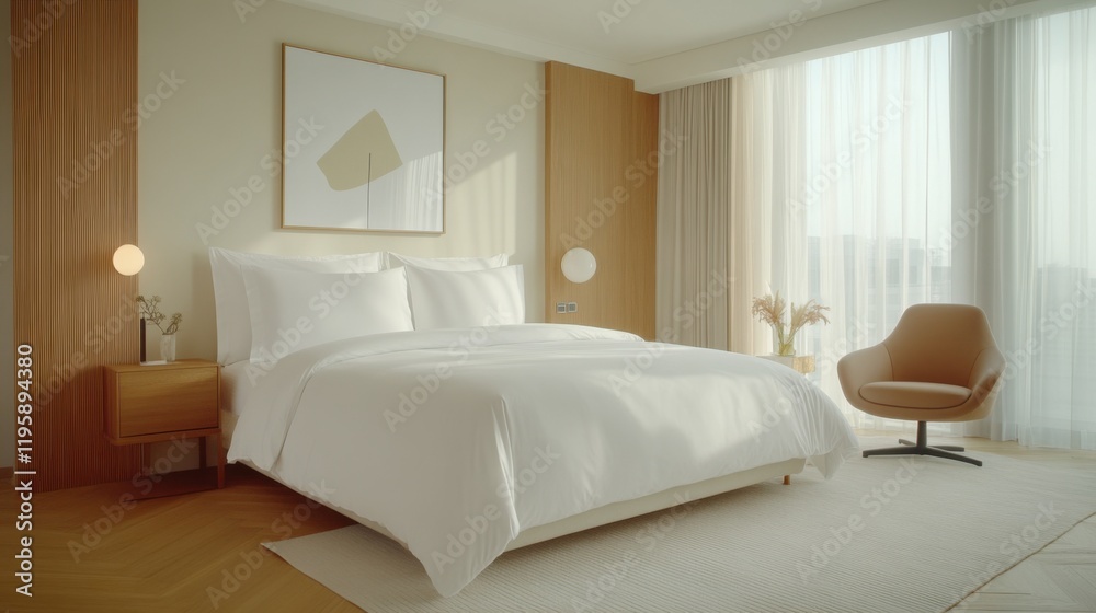 Fototapeta premium Modern bedroom with premium white linens on a bed, set in a bright and airy space. Large window and minimalistic decor enhance the serene atmosphere.