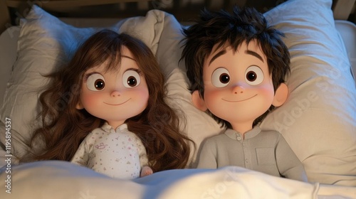 Adorable animated children with big eyes lie in bed, looking happy and content. The scene is cozy and heartwarming.