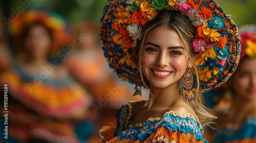 A group of people in colorful costumes performing traditional dances during an Independence Day festival in Mexico. 366 photo