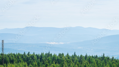 Fototapeta Naklejka Na Ścianę i Meble -  The Giant Mountains, view of the mountain range behind the green forest, mountain landscape on a bright summer day.