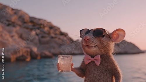 A cheerful mouse wearing sunglasses and a pink bowtie stands by the water, holding a glass with ice cubes. The background features a rocky shoreline at sunset. photo