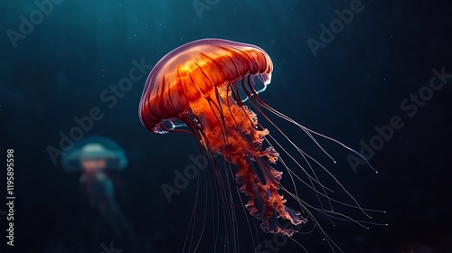 Orange jellyfish swimming aquarium dark background ocean life