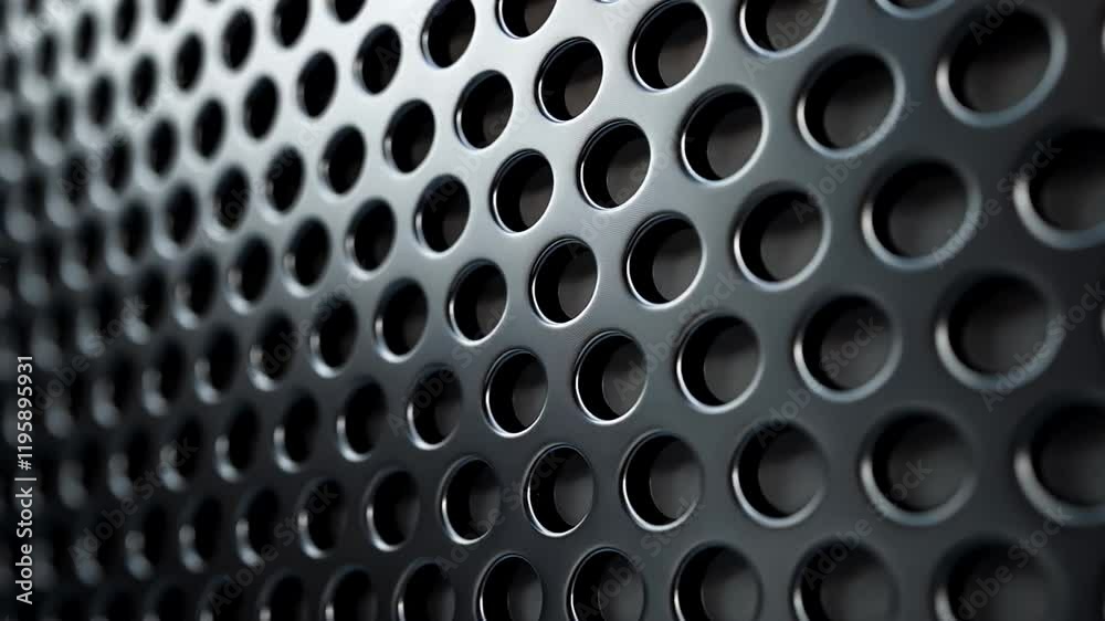 Close-up of perforated black metal surface with circular holes, representing industrial design and modern architecture
