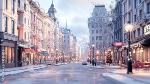 Festive winter street scene with snow-covered buildings, decorated for Christmas. Warm lights illuminate the cozy, serene atmosphere.