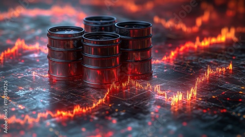 Oil Price Volatility  Crimson Charts  Steel Barrels Illustrate Market Fluctuations and Energy Crisis photo