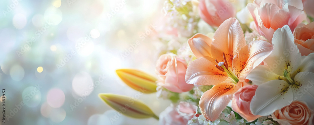 Fototapeta premium Vibrant bouquet of lilies and roses with soft bokeh background at sunrise