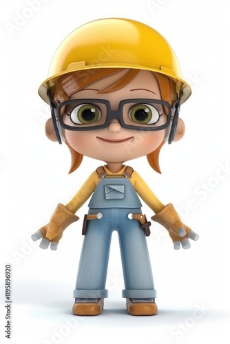 3D Cartoon of a Female Worker with Safety Helmet and Protective Gear on a White Background