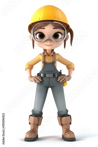 3D Cartoon of a Female Worker with Safety Helmet and Protective Gear on a White Background