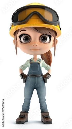 3D Cartoon of a Female Worker with Safety Helmet and Protective Gear on a White Background