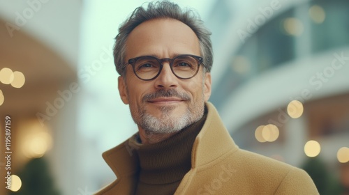 A middle-aged man with glasses smiles warmly in a festive setting, wearing a cozy coat. The background is softly blurred with twinkling lights. photo