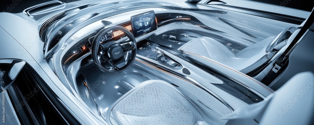 Futuristic interior of modern concept car with holographic display technology Futuristic interior of modern concept car with holographic display technology