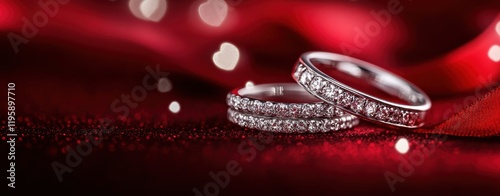 Elegant diamond rings on a vibrant red background with sparkling highlights photo