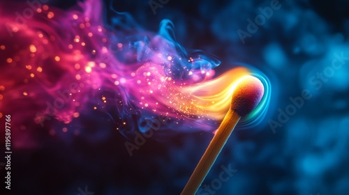 A macro wallpaper of a lit match with vibrant, neon colored flames. Rainbow colored sparks from a match against a black background.