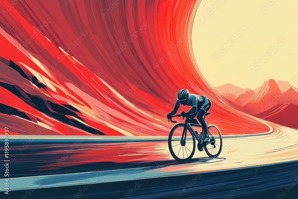 Fototapeta premium Cyclist riding through vivid artistic landscape with dynamic red patterns