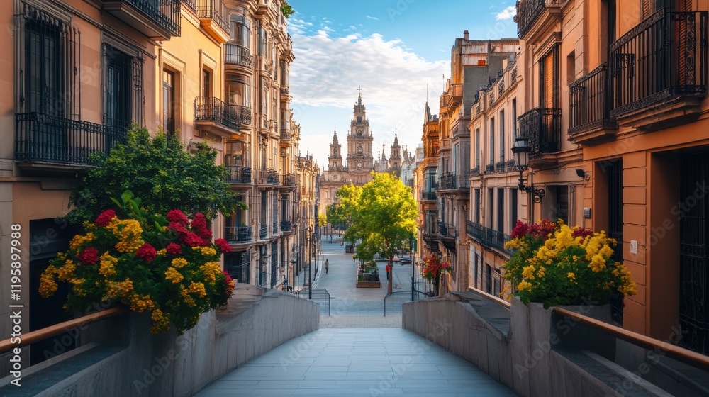 Fototapeta premium Serene Urban Scene with Colorful Flowers and Historic Architecture in Vibrant City Street in Daylight