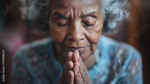 Closeup of old senior elderly black african american grandma woman with gray hair praying with clasped hands. copy space, god or jesus christ christian faith worship, praise, forgiveness, light.