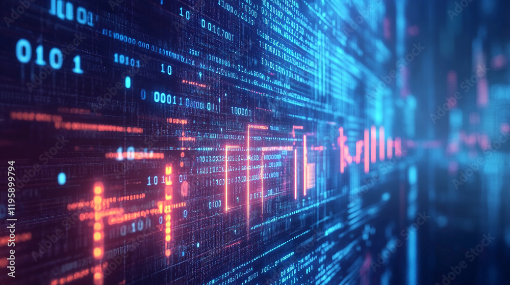 Vivid display of binary code and digital elements creating a matrix-like environment Vivid display of binary code and digital elements creating a matrix-like environment
