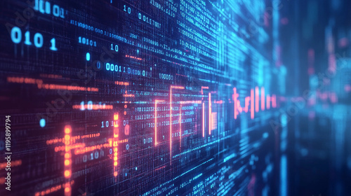 Vivid display of binary code and digital elements creating a matrix-like environment
