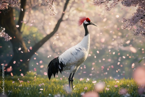 Elegant Red Crowned Crane in Lush Green Meadow Amid Falling Cherry Blossom Petals Capturing Spring Beauty in Japan