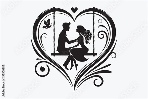 A couple sitting on a swing enclosed within a heart shape.