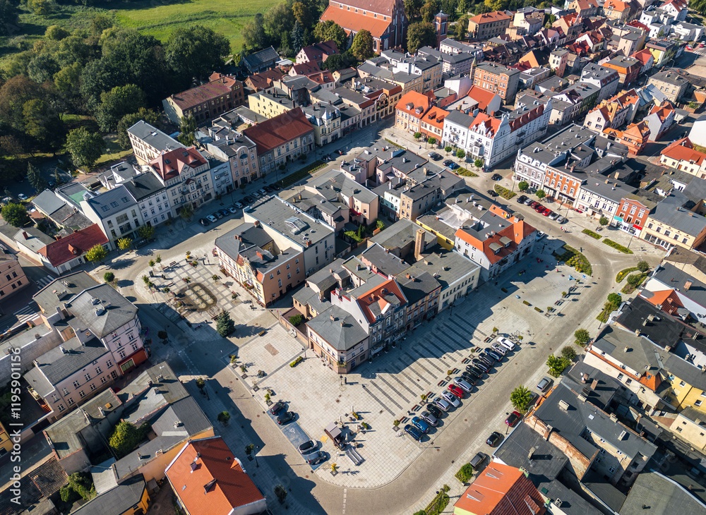 Summer skyline cityscape of Szamotuły, Wielkopolska, Poland. Wide panoramic aerial view