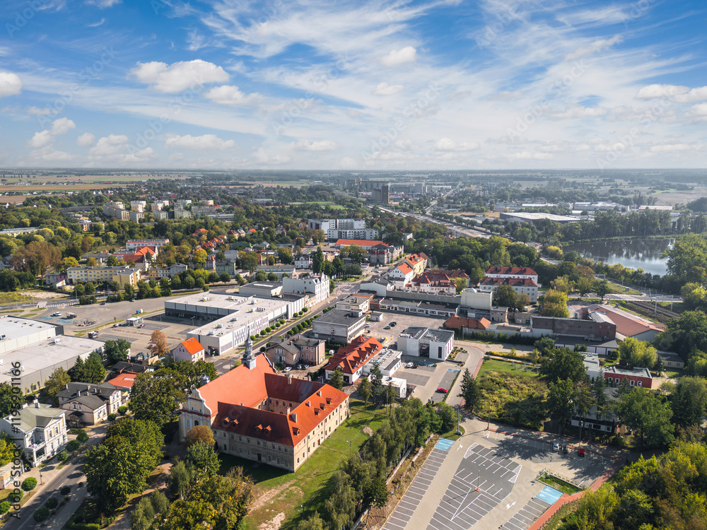 Summer skyline cityscape of Szamotuły, Wielkopolska, Poland. Wide panoramic aerial view