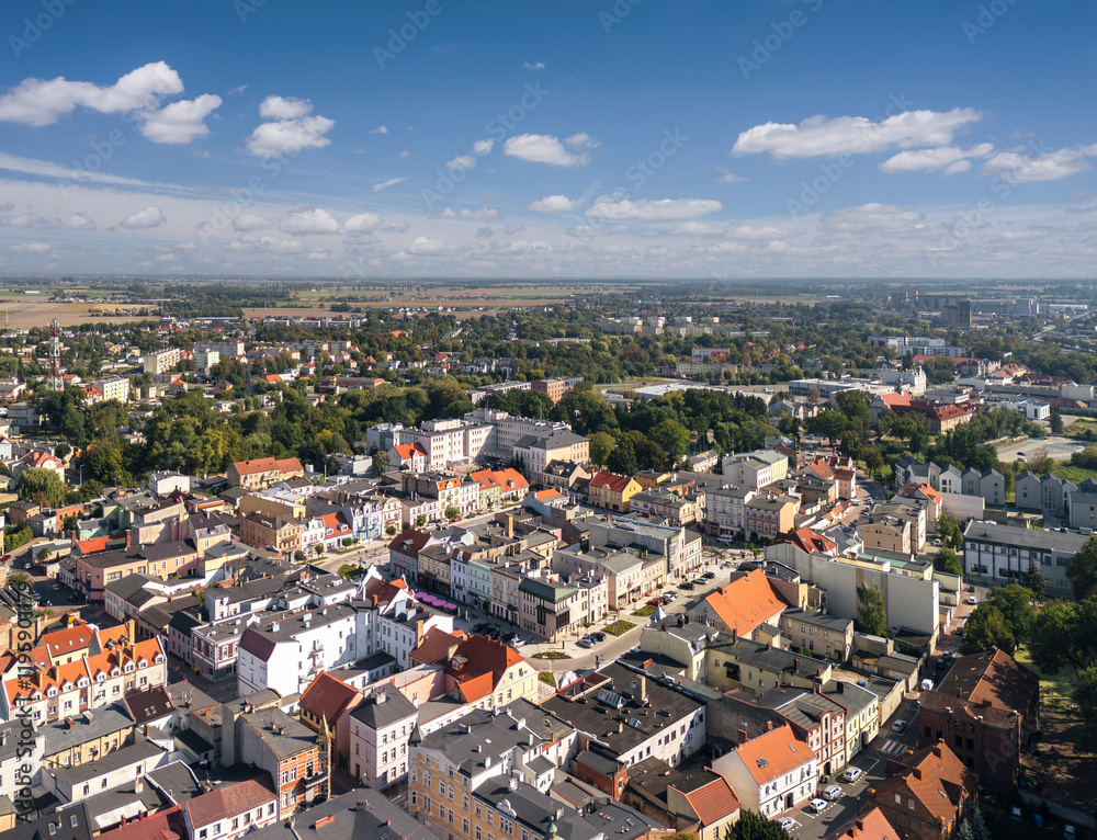 Summer skyline cityscape of Szamotuły, Wielkopolska, Poland. Wide panoramic aerial view