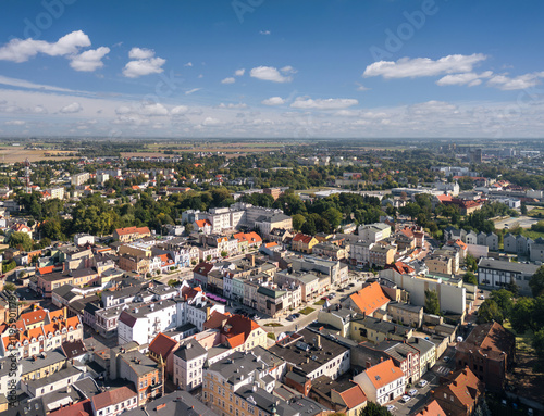 Summer skyline cityscape of Szamotuły, Wielkopolska, Poland. Wide panoramic aerial view
