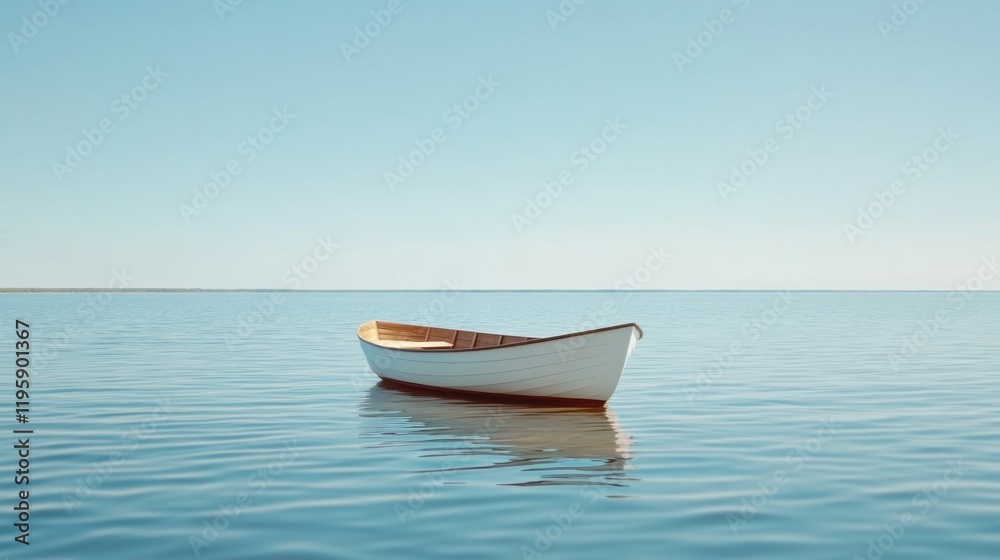 A wooden rowing boat floats on a calm lake under a clear blue sky, creating a serene and peaceful atmosphere. A wooden rowing boat floats on a calm lake under a clear blue sky, creating a serene and peaceful atmosphere.