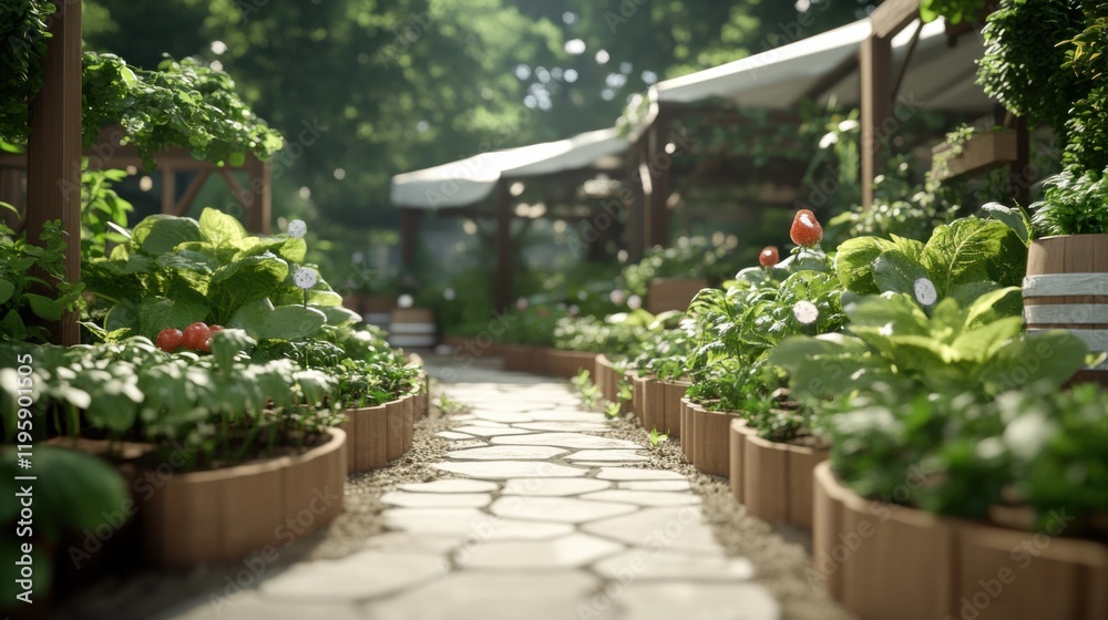 Obraz premium A serene garden pathway surrounded by lush plants, showcasing regenerative agriculture techniques under a sunny, clear sky.