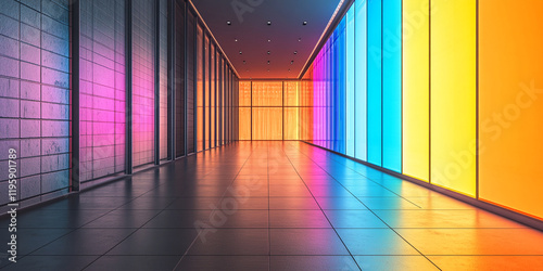 Colorful corridor with gradient walls and tiled floor