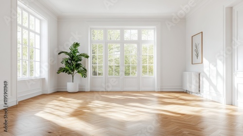 Wallpaper Mural A bright, unoccupied living room with large windows, abundant natural light, and wooden flooring, featuring a potted plant and minimalist decor. Torontodigital.ca