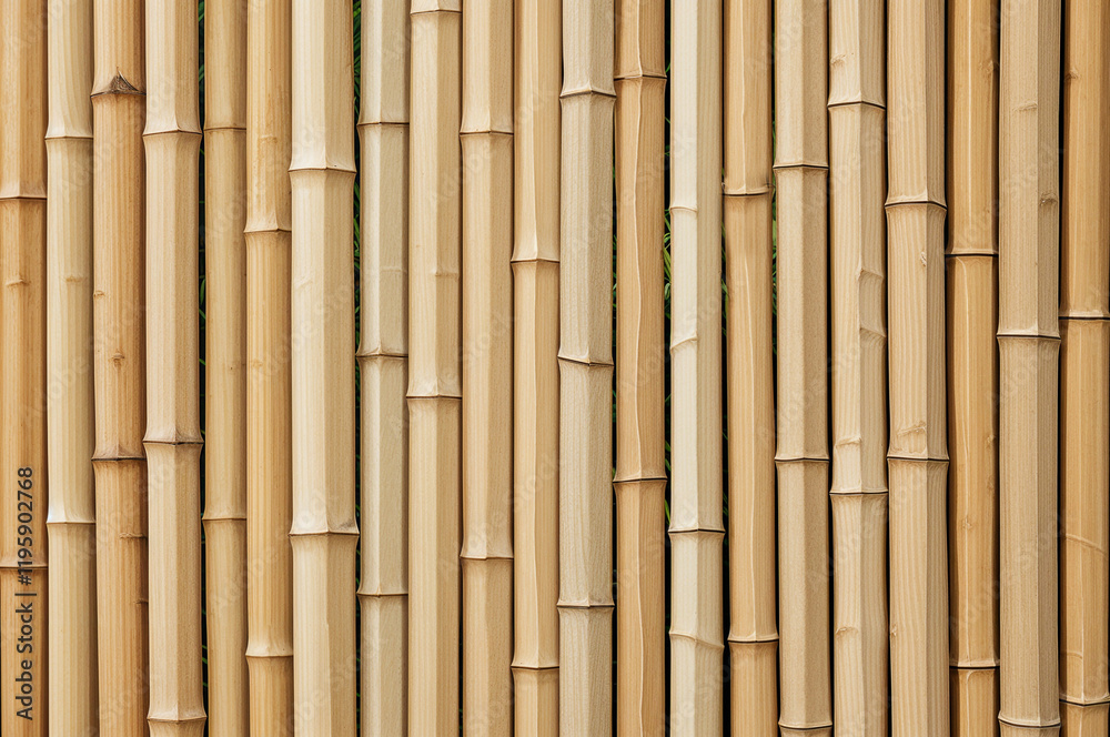 Fototapeta premium Light brown bamboo poles form a vertical textured wall.