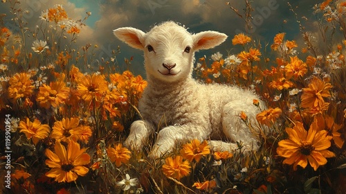 A gentle scene of a lamb resting in a field of wildflowers, symbolizing the peaceful spirit of Easter. 338