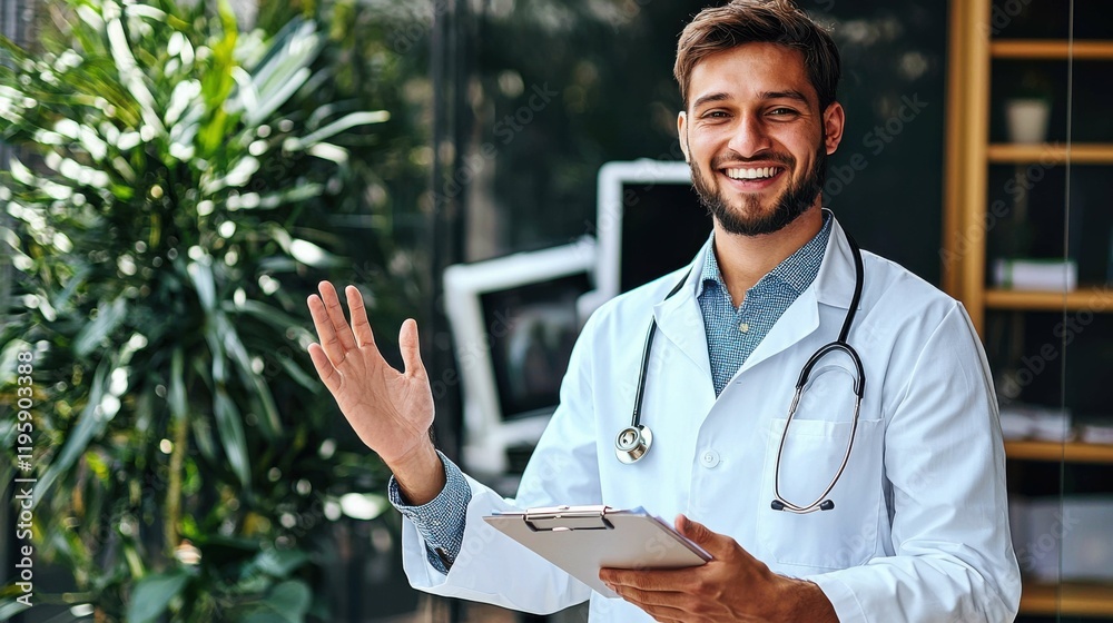 A smiling male doctor of Middle Eastern descent stands in an office setting, greeting with one hand and holding a clipboard in the other. A smiling male doctor of Middle Eastern descent stands in an office setting, greeting with one hand and holding a clipboard in the other.