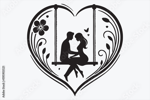 A couple sitting on a swing enclosed within a heart shape.