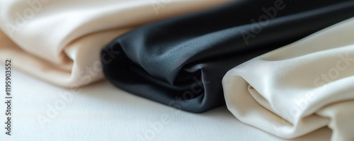 Close-up of folded black, beige, and white fabrics on a neutral surface photo