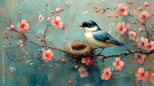 A bird building a nest in the spring, surrounded by blossoming flowers and budding branches, showing the cyclical nature of life. 477