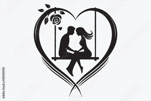 A couple sitting on a swing enclosed within a heart shape.