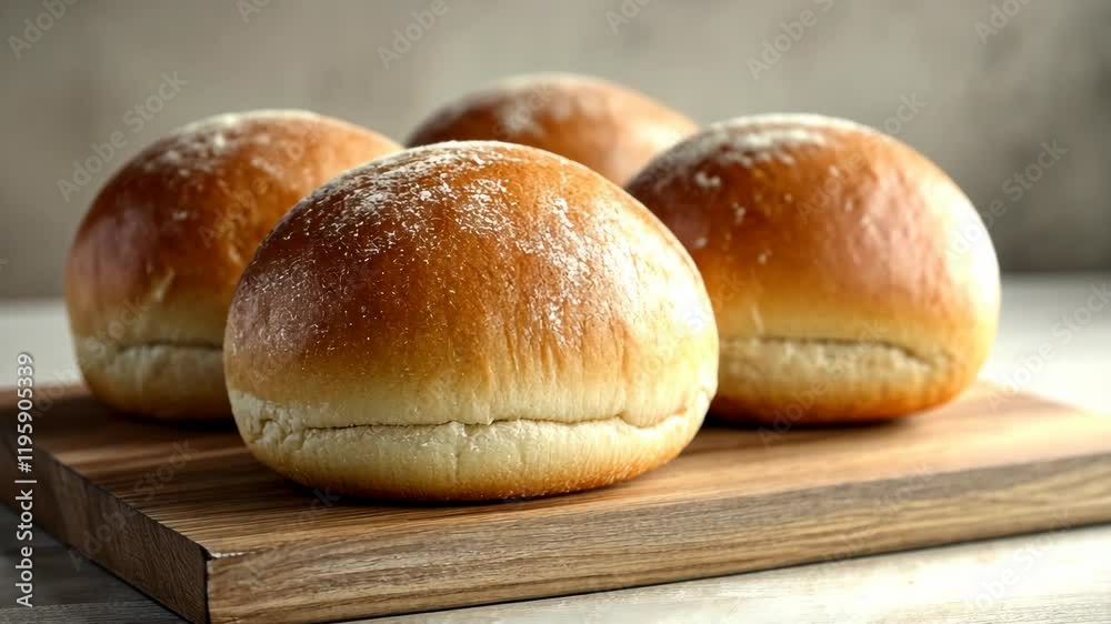 Freshly baked bread rolls placed on a wooden cutting board in a kitchen setting during daylight hours Freshly baked bread rolls placed on a wooden cutting board in a kitchen setting during daylight hours