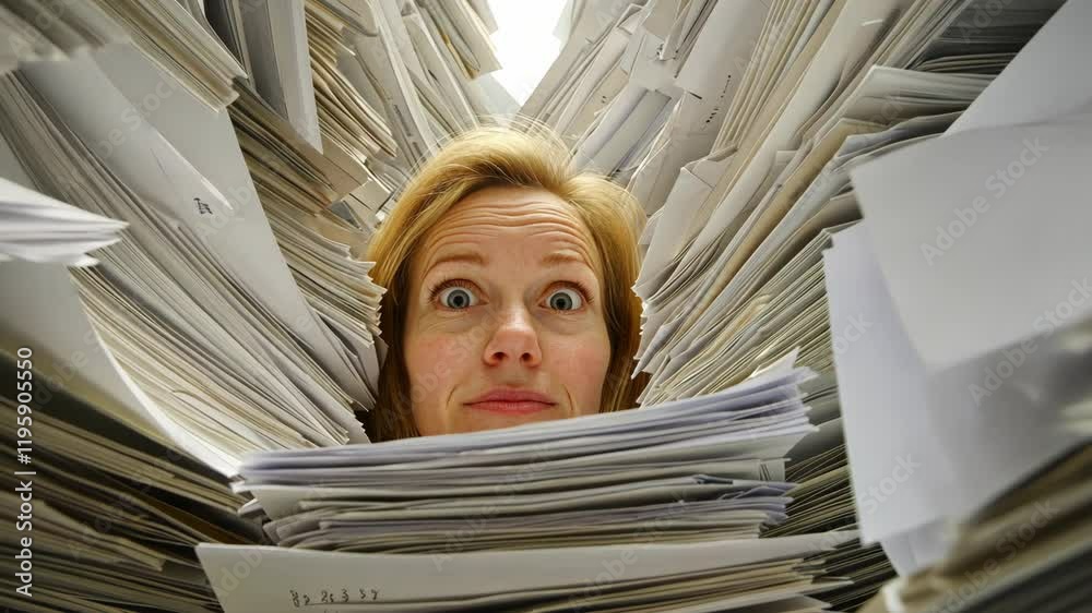 Woman surrounded by piles of paperwork looks surprised in a cluttered office space during a busy workday