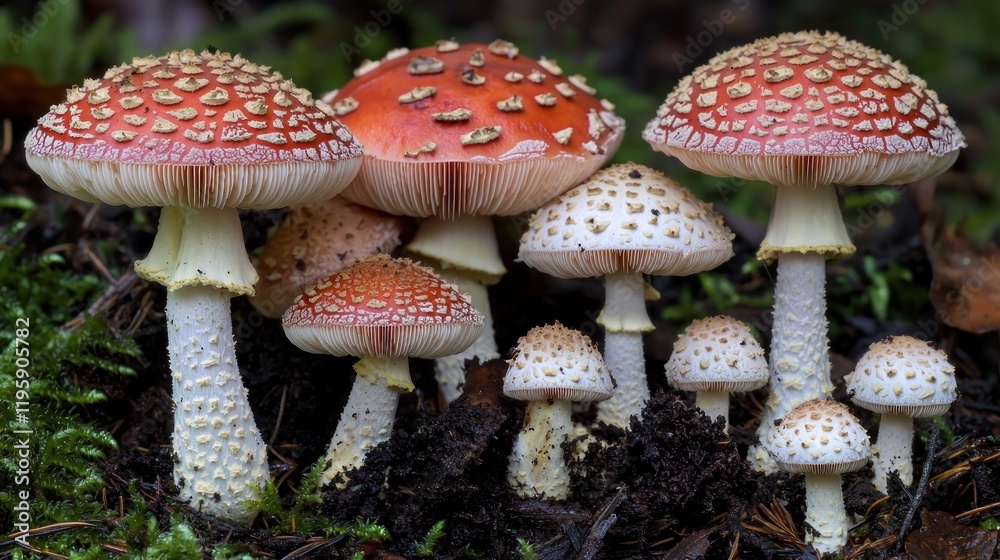 Forest floor mushroom cluster, autumn, nature, moss Forest floor mushroom cluster, autumn, nature, moss