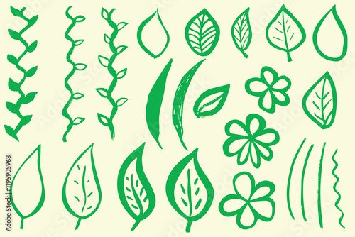 Grunge dry brush leaves set, hand drawn, vector, isolated. Freehand elements for design.