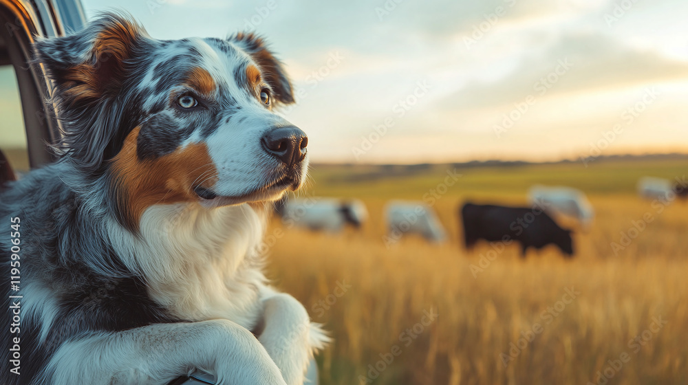 Fototapeta premium Closeup of dog pet sitting on old retro vintage car, cows grazing eating grass on the field meadow in the background. rural countryside farm, copy space, livestock on outdoor pasture, ranch animals.