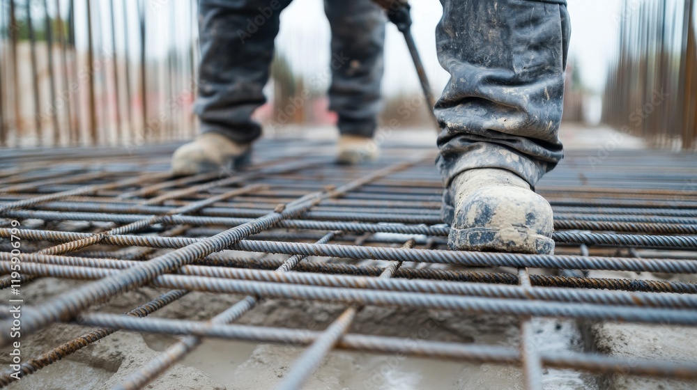 A close-up of an engineer inspecting the reinforcement bars of a concrete structure at a construction site, Reinforcement inspection scene, Technical and meticulous style A close-up of an engineer inspecting the reinforcement bars of a concrete structure at a construction site, Reinforcement inspection scene, Technical and meticulous style