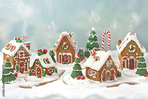 The image shows a charming gingerbread village with five decorated gingerbread houses and three small Christmas trees in the snow, all adorned with festive candy cane decorations and white icing photo