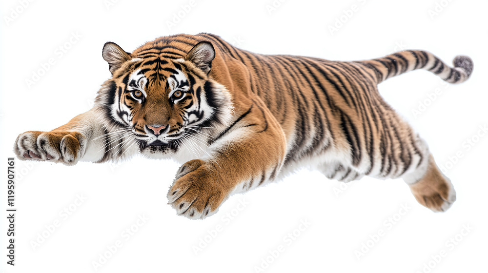 Fototapeta premium Jumping roaring bengal tiger, stripped orange, black and white wild cat animal isolated on white background. big dangerous and powerful jungle predator hunter, aggressive large safari beast.