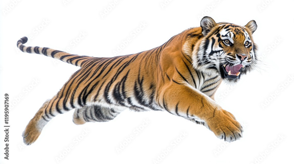Obraz premium Jumping roaring bengal tiger, stripped orange, black and white wild cat animal isolated on white background. big dangerous and powerful jungle predator hunter, aggressive large safari beast.