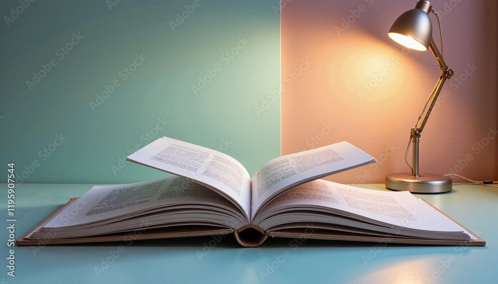 Open book illuminated by desk lamp - perfect for education blogs, library websites, study motivation posts, or literary event promotions Open book illuminated by desk lamp - perfect for education blogs, library websites, study motivation posts, or literary event promotions